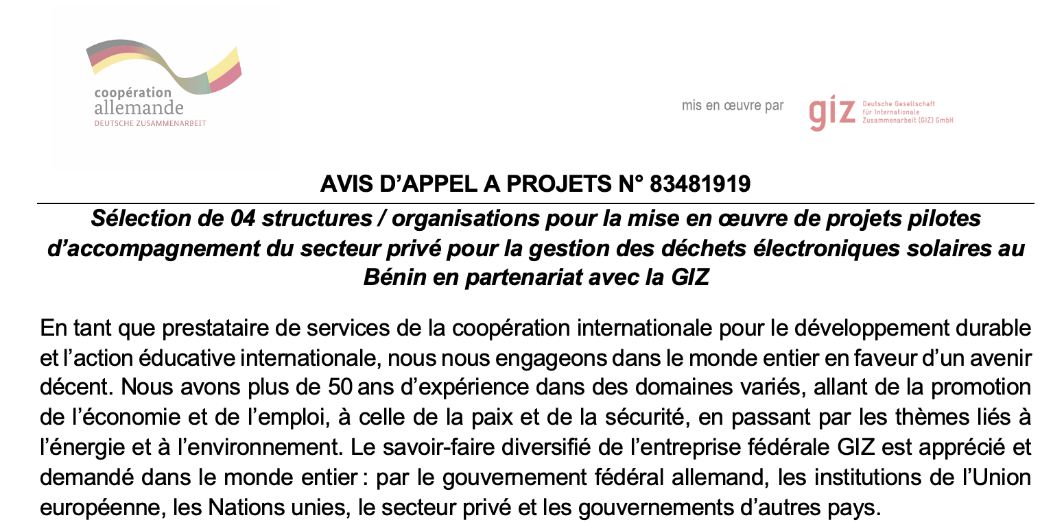 LA GIZ recrute Sélection de 04 structures / organisations pour la mise ...
